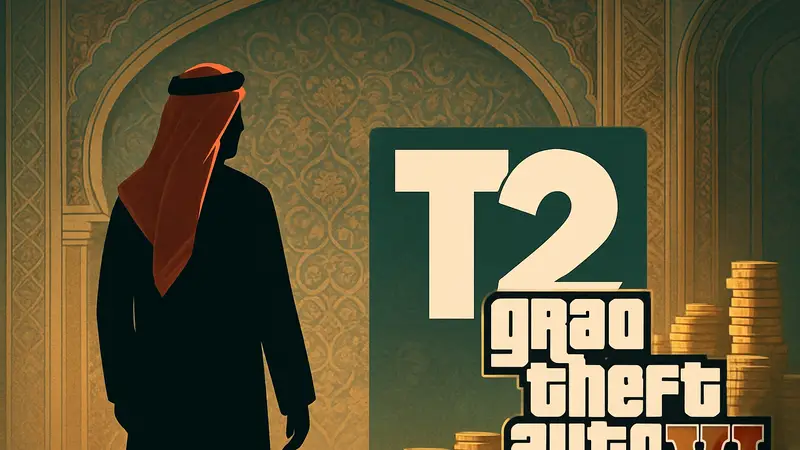 Логотипы Take-Two Interactive и GTA VI на фоне арабского орнамента, символизирующие крупные инвестиции из Саудовской Аравии в игровую индустрию.