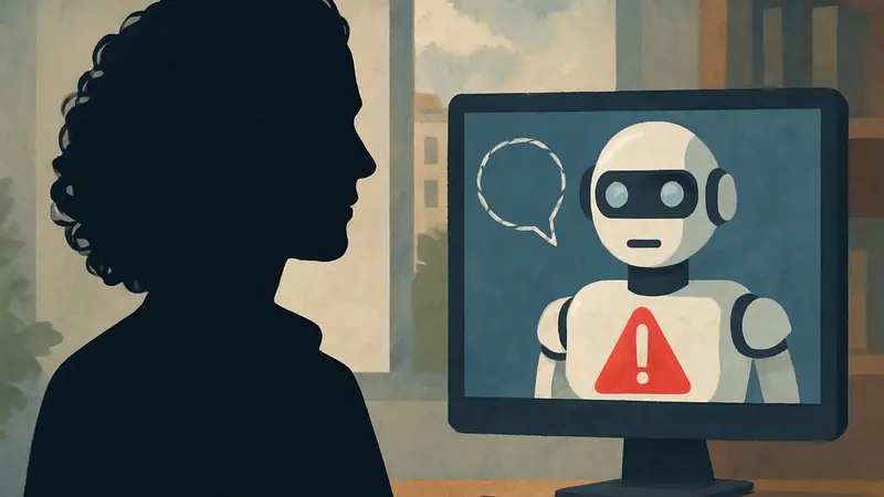 Мередит Уиттакер, президент Signal, на фоне изображения ИИ-чат-бота, символизирующего предостережение.