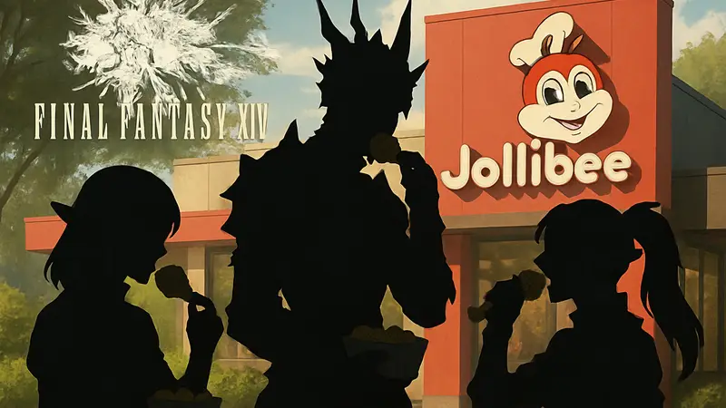 Логотипы Final Fantasy XIV и Jollibee, а также персонажи FFXIV, едящие курицу в рамках кроссовера.