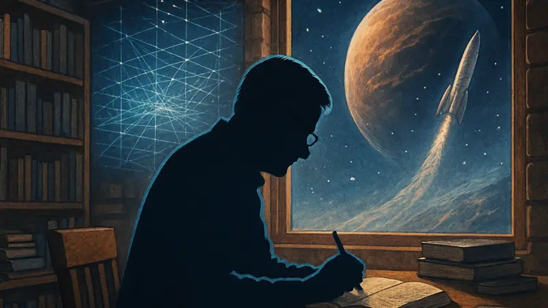 Брэндон Сандерсон, пишущий научно-фантастическую книгу, с элементами симуляции и космоса.