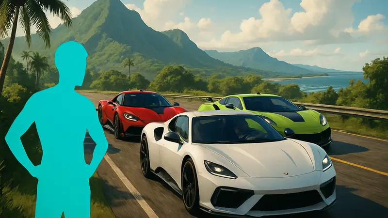 Топовые спортивные машины из The Crew Motorfest мчатся по трассе на Гавайях.