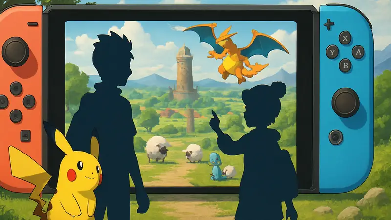 Арт с персонажами Pokémon Champions и покемонами на фоне игрового мира Nintendo Switch.