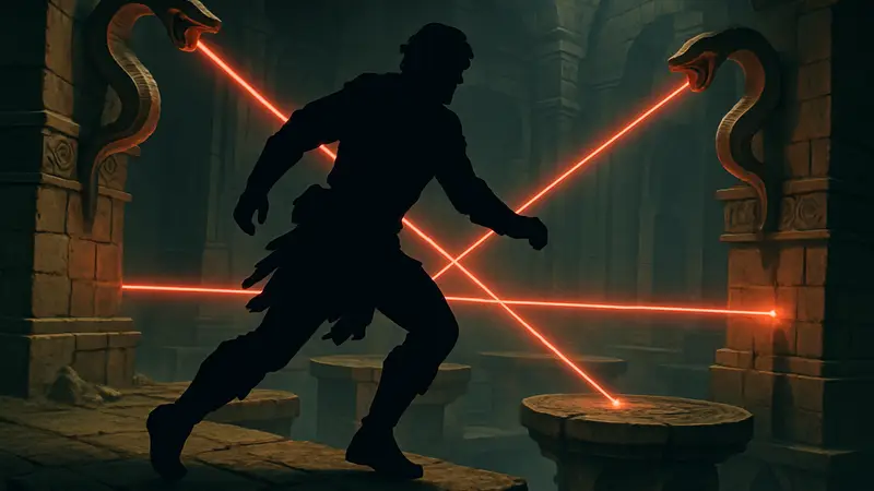 Герой Crimson Desert преодолевает головоломку «Путь Змей» с лазерами.