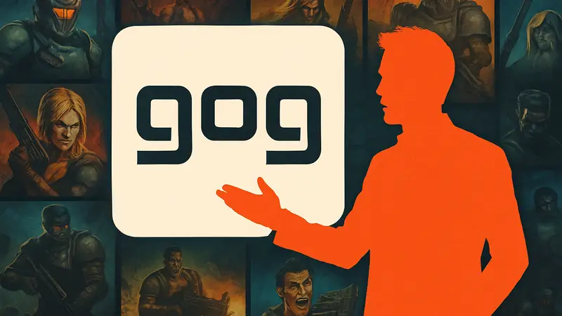Логотип GOG на фоне обложек игр, Дэйв Ошри из New Blood Interactive анонсирует поддержку платформы.