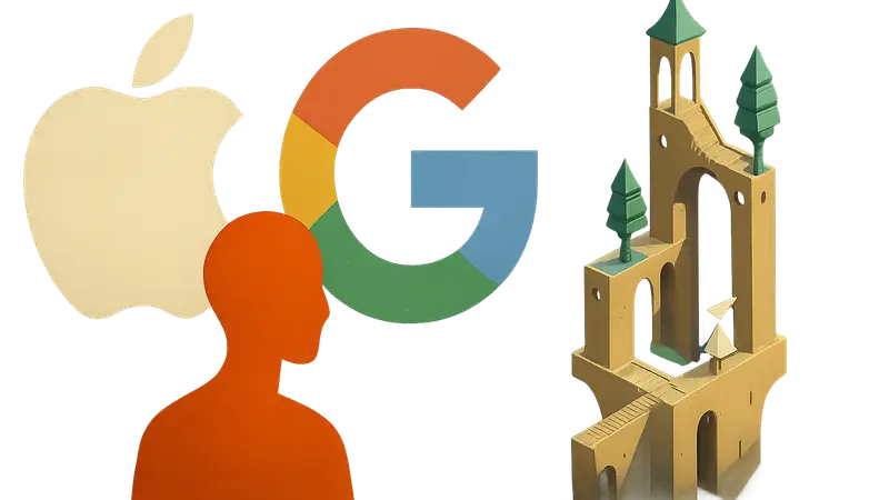 Логотип Ustwo Games или скриншот из игры Monument Valley, на фоне логотипы Apple и Google.