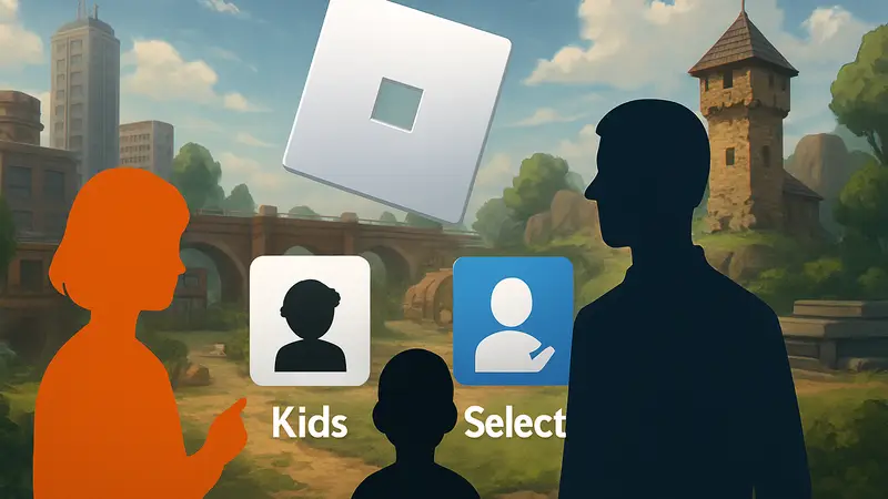Логотип Roblox и иконки аккаунтов Kids и Select для возрастного контроля