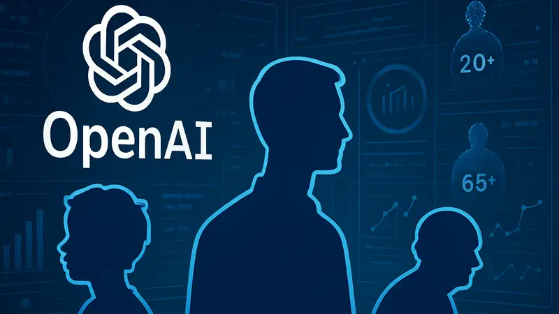 Логотип OpenAI на фоне данных и символов, символизирующих определение возраста по активности.