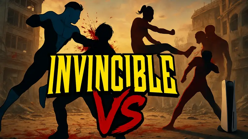 Логотип Invincible VS на фоне кровавых поединков, анонс открытой беты на PS5, с датой релиза.