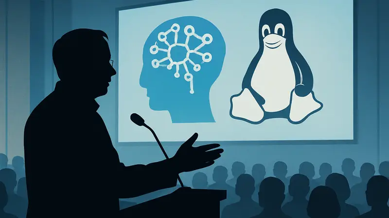 Linus Torvalds выступает на конференции, обсуждая ИИ и разработку Linux.