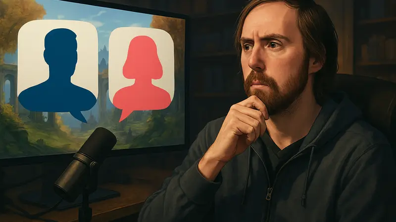 Стример Asmongold в спортивном костюме на фоне своего стрима, размышляющий о привлекательности полов.