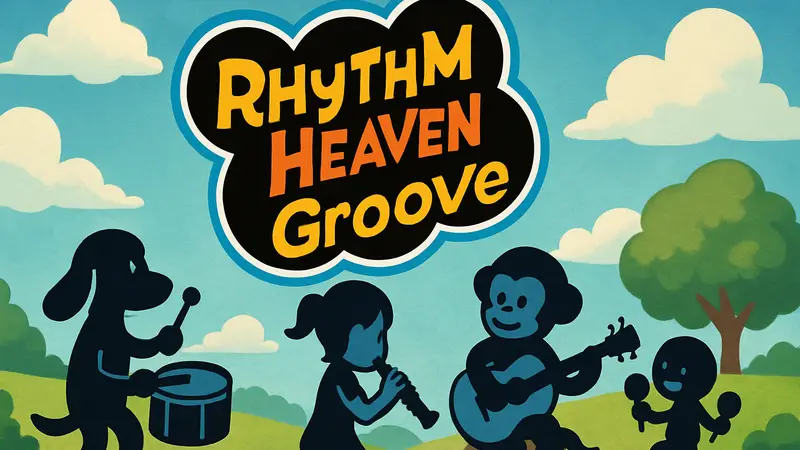 Обложка игры Rhythm Heaven Groove с характерным мультяшным стилем и персонажами, играющими на музыкальных инструментах.