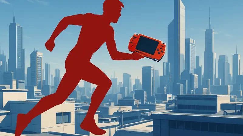 Игрок бежит по крышам, держа в руке КПК в стиле PlayStation Portable, на фоне футуристического города.