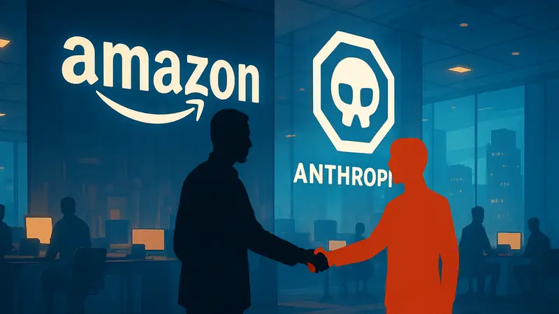 Логотипы Amazon и Anthropic, символизирующие инвестиционное соглашение в сфере ИИ и облачных технологий.