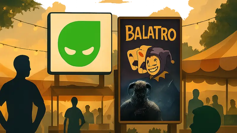 Логотип Green Man Gaming и обложки игр Balatro и The Elder Scrolls V: Skyrim на фоне летней распродажи.