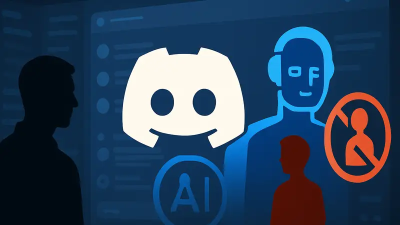 Логотип Discord на фоне интерфейса, показывающий систему проверки контента AI и возрастных ограничений