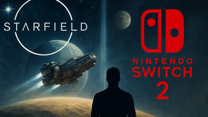 Обложка игры Starfield с космическим кораблем и планетами, а также логотип Nintendo Switch 2.