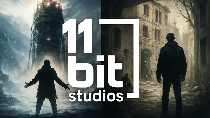 Логотип 11 bit Studios с обложками игр Frostpunk и This War of Mine на заднем плане
