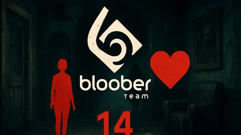 Логотип Bloober Team с намёком на новый анонс, дата 14 февраля и элементы хоррор-тематики игры.