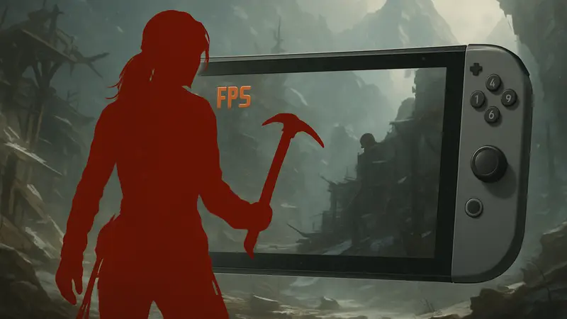 Лара Крофт из Rise of the Tomb Raider на фоне Nintendo Switch 2 с низким FPS.