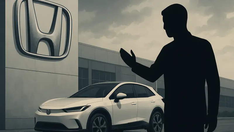 Логотип Honda рядом с изображением электромобиля, символизирующего отмену планов