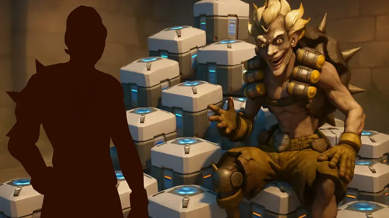 Изображение героя Крысавчика из Overwatch 2 на фоне кучи лутбоксов