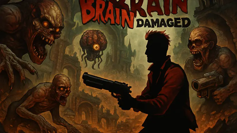 Постер игры Postal: Brain Damaged с элементами брутального шутера в стиле Doom.