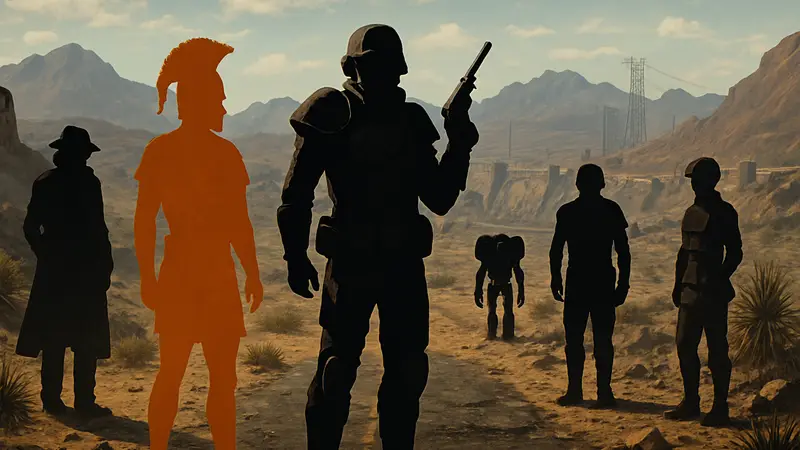 Скриншот из Fallout New Vegas с персонажами разных фракций на Пустоши Мохаве
