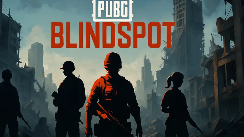 Логотип игры PUBG: Blindspot с боевыми персонажами на фоне разрушенного города, символизирующего баттл рояль.