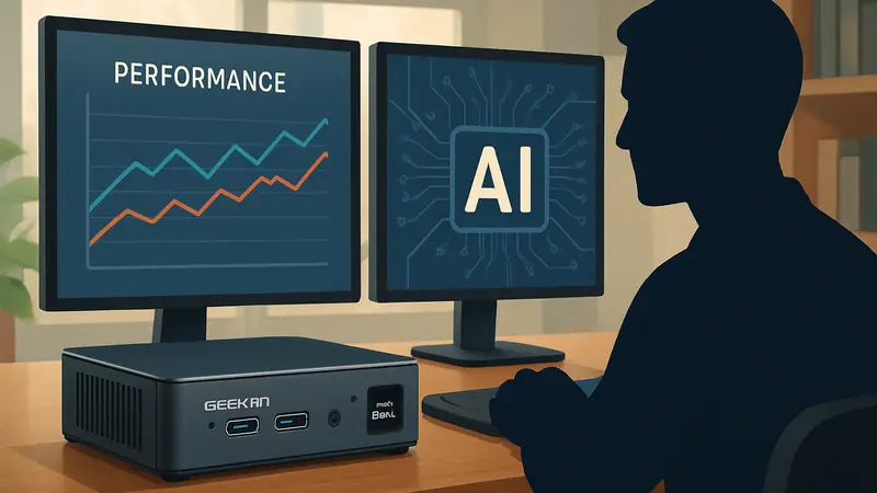 Мини-ПК Geekom A9 Max с процессором AMD на столе, обзор производительности и AI