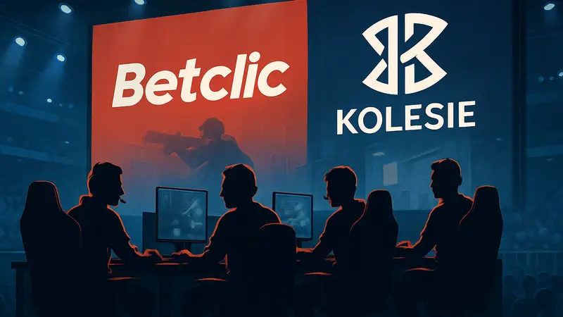 Команда Betclic на киберспортивном турнире, логотип Betclic и KOLESIE на фоне