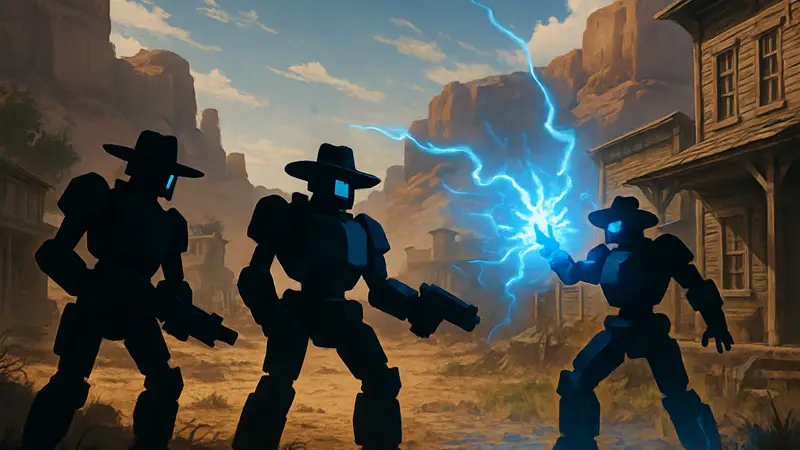 Игровой скриншот Far Far West с роботами-ковбоями и магическими эффектами на Диком Западе.