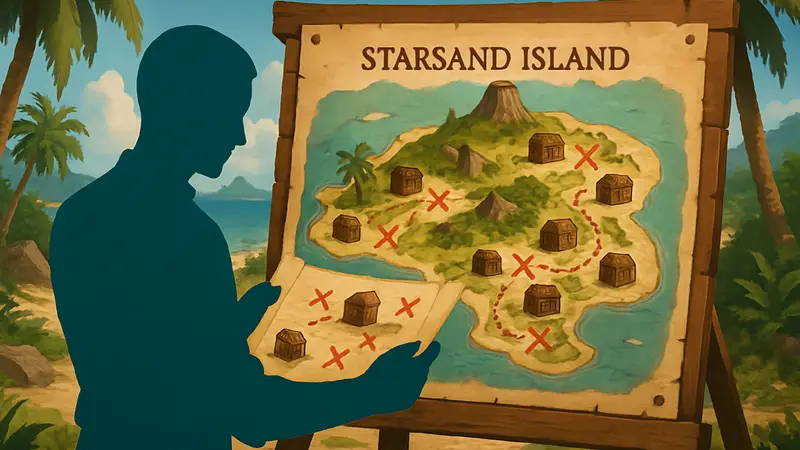 Карта сокровищ в игре Starsand Island с отметками местоположения сундуков