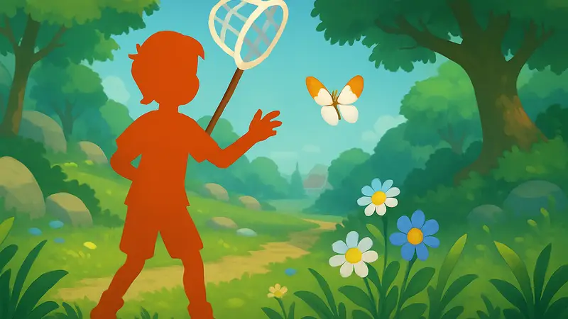 Скриншот из игры Heartopia, показывающий бабочку Orange Tip в её естественной среде обитания.