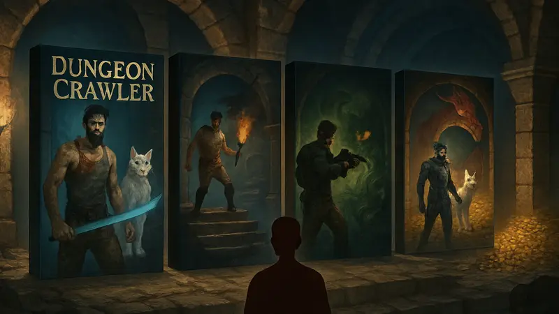 Обложки книг серии Dungeon Crawler Carl, выстроенные в хронологическом порядке чтения.