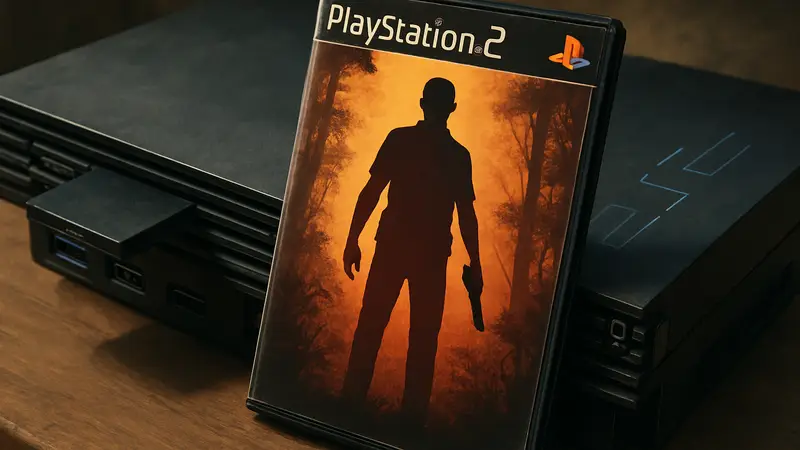 Изображение редкой игры для PlayStation 2, лежащей на фоне старой консоли PS2