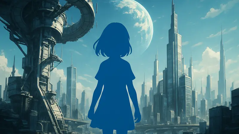 Главная героиня игры Pragmata, девочка, на фоне футуристического города или космического пейзажа.