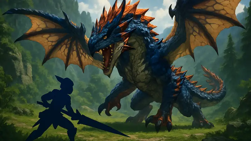 Монстр из Monster Hunter Stories 3 в бою с игровым персонажем.