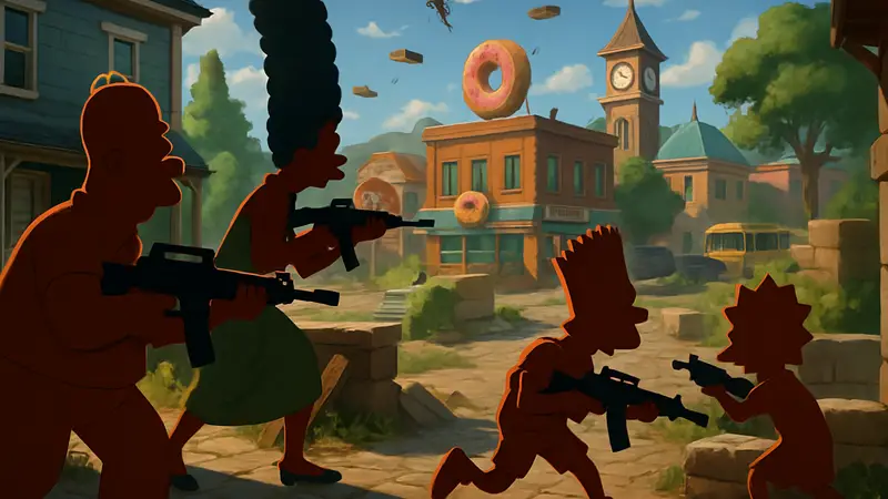 Персонажи Симпсонов в стиле Fortnite, сражающиеся в режиме Reload на карте игры.