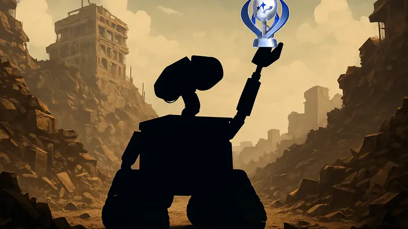 Персонаж WALL-E из одноименной игры, держащий Платиновый трофей PlayStation