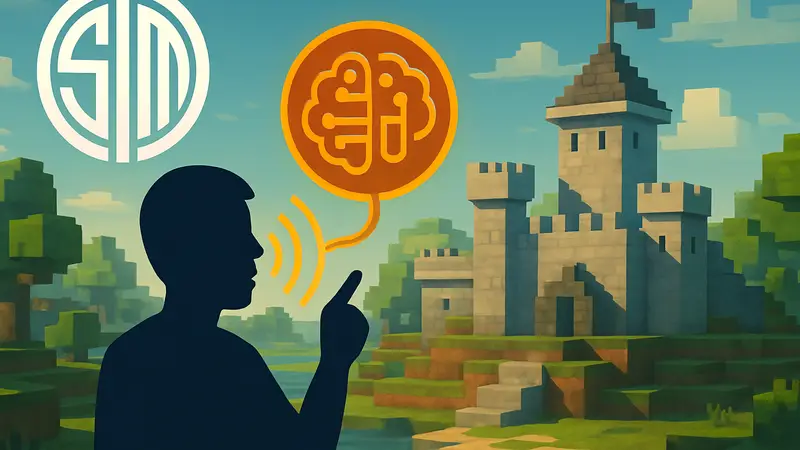 Изображение логотипа TSM и схематическое представление ИИ-строительства в мире Minecraft.