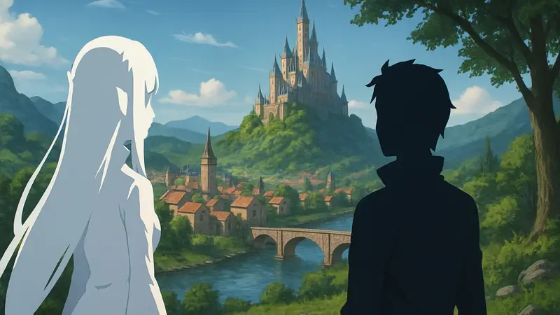 Эмилия и Субару из аниме Re:Zero на фоне фэнтезийного мира.