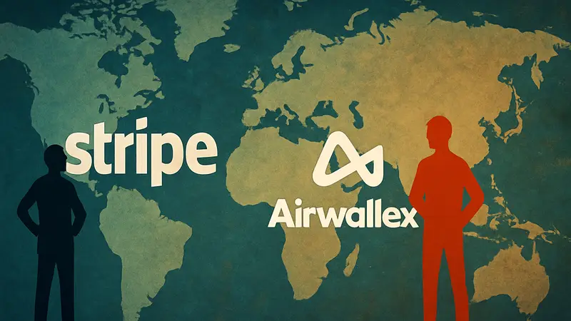 Логотипы Stripe и Airwallex на фоне глобальной карты, символизирующие конкуренцию в платежных системах.