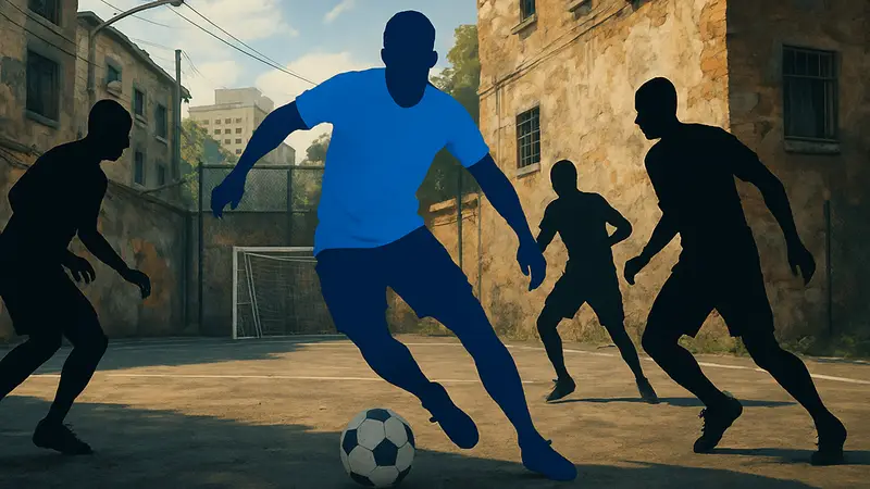 Игроки в уличный футбол из серии FIFA Street или EA Sports FC 27, динамичный кадр