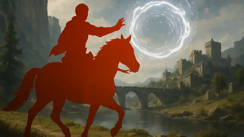 Всадник на коне в Crimson Desert, готовящийся к телепортации или выполнению новой способности.