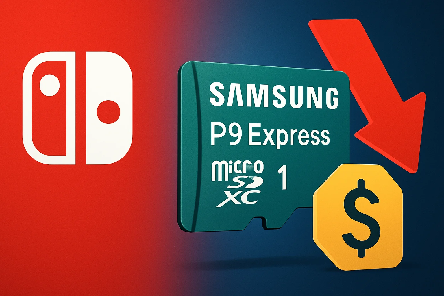 Карта памяти Samsung P9 Express microSD, рядом с логотипом Nintendo Switch, демонстрирующая акцию и низкую цену.