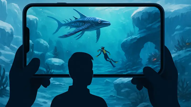 Скриншот Subnautica: Below Zero с мобильной версии, показывающий подводный арктический мир.