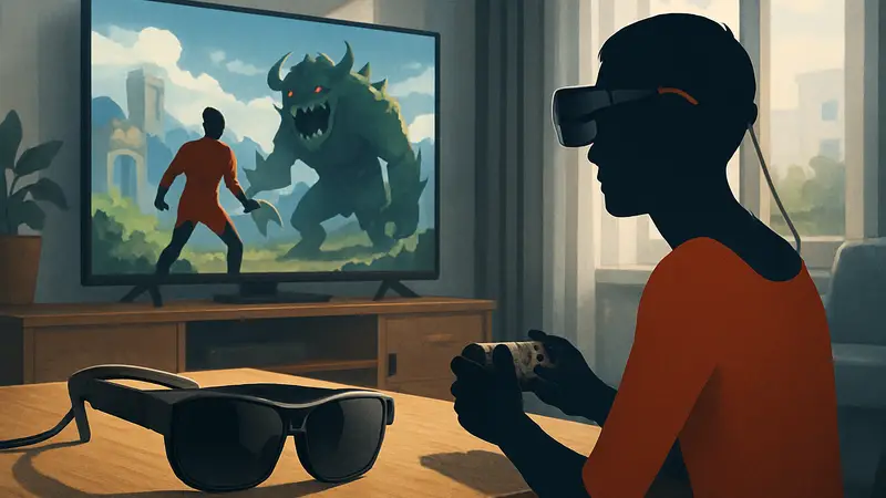 Игровые XR-очки Viture Beast на столе, демонстрирующие портативный гейминг нового поколения.
