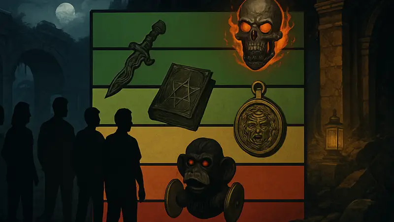 Изображение проклятых реликвий из Black Ops 7 Zombies Cursed Mode, представленных в виде тир-листа.