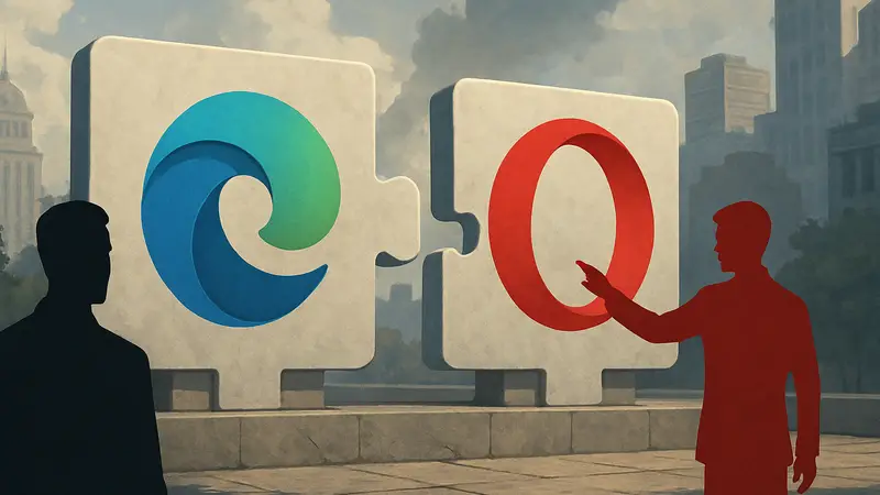 Логотипы Microsoft Edge и Opera, символизирующие антимонопольное расследование.