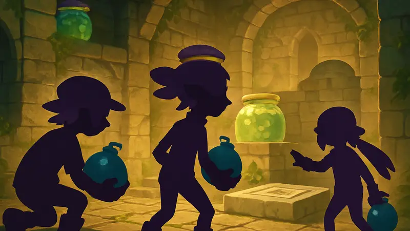 Персонажи Splatoon Raiders с Бомблонами, решающие головоломки в Sticky Sweet Sampler Dungeon.